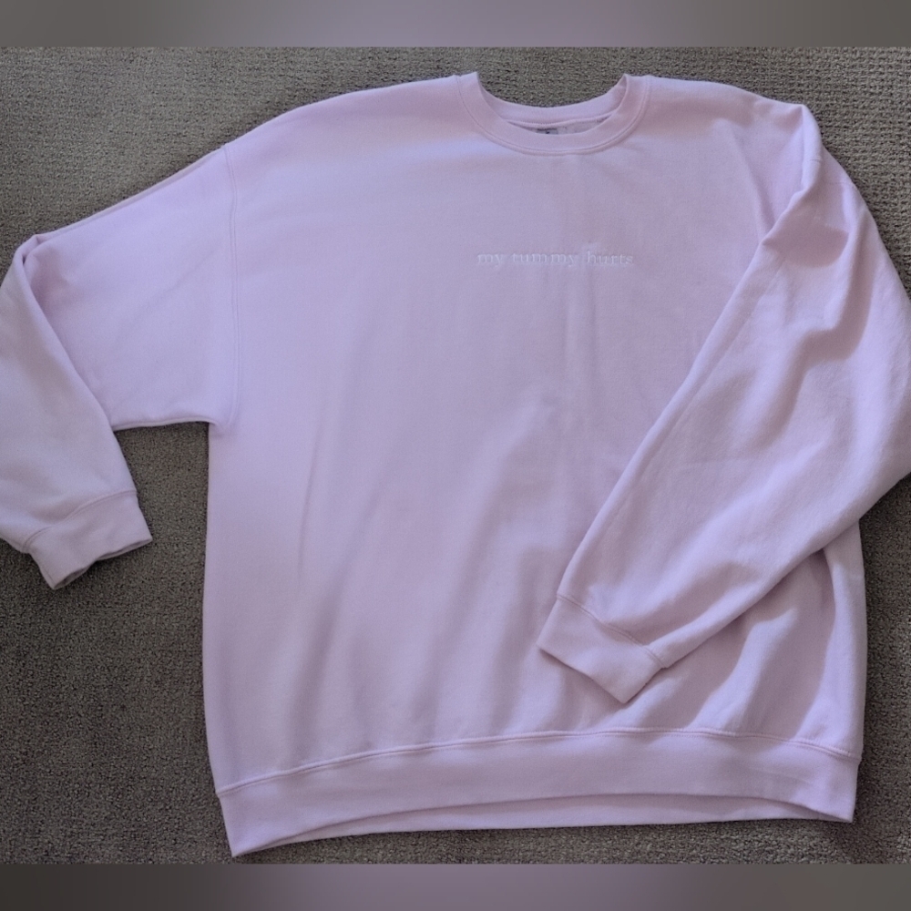 Gildan Women's "My Tummy Hurts" Graphic Light Pink Custom Crewneck Sweatshirt - Picture 7 of 11